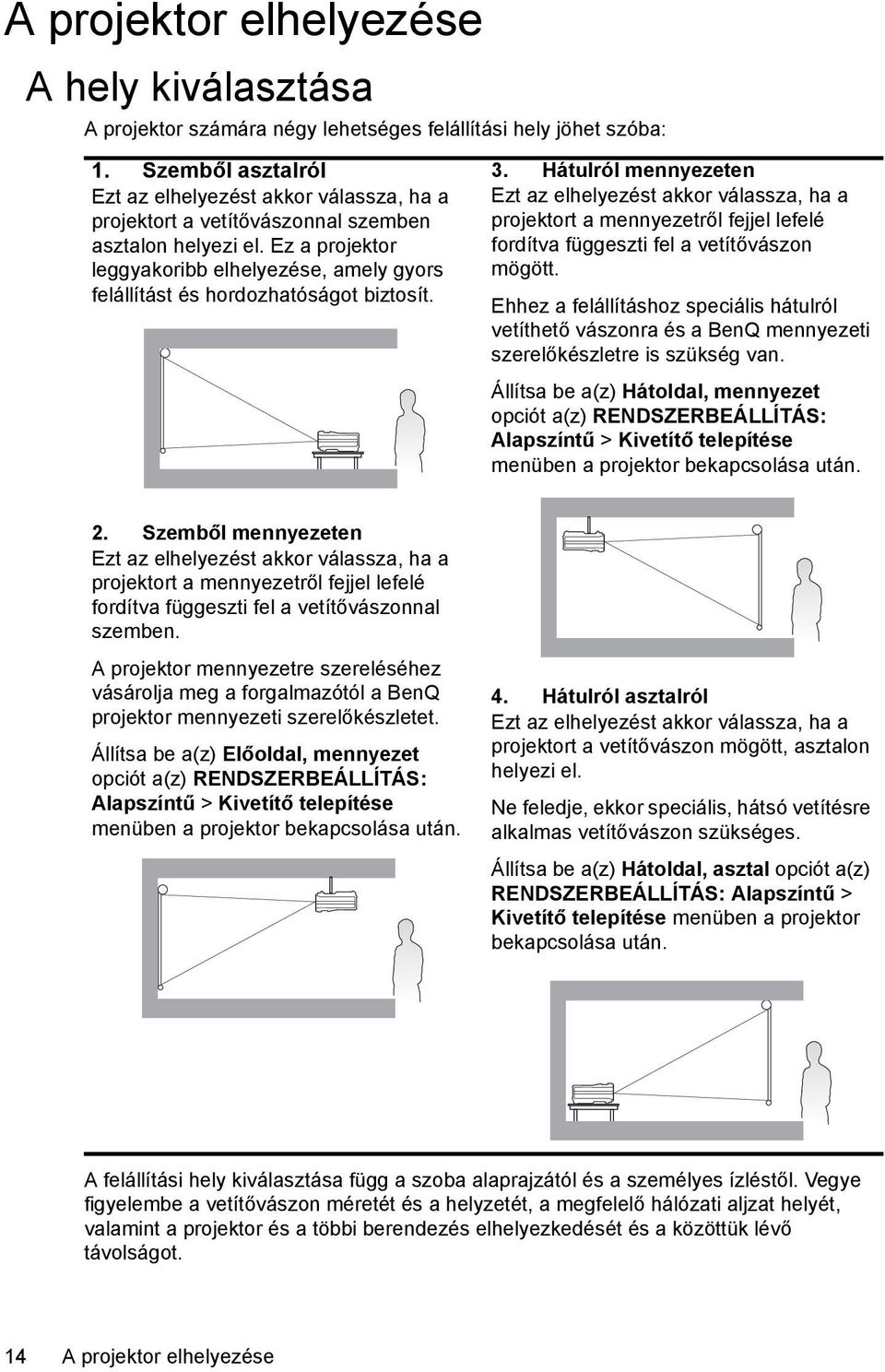 Ez a projektor leggyakoribb elhelyezése, amely gyors felállítást és hordozhatóságot biztosít. 3.