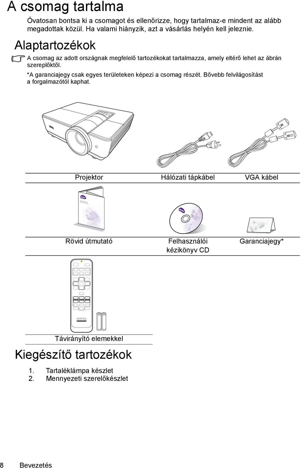 Alaptartozékok A csomag az adott országnak megfelelő tartozékokat tartalmazza, amely eltérő lehet az ábrán szereplőktől.