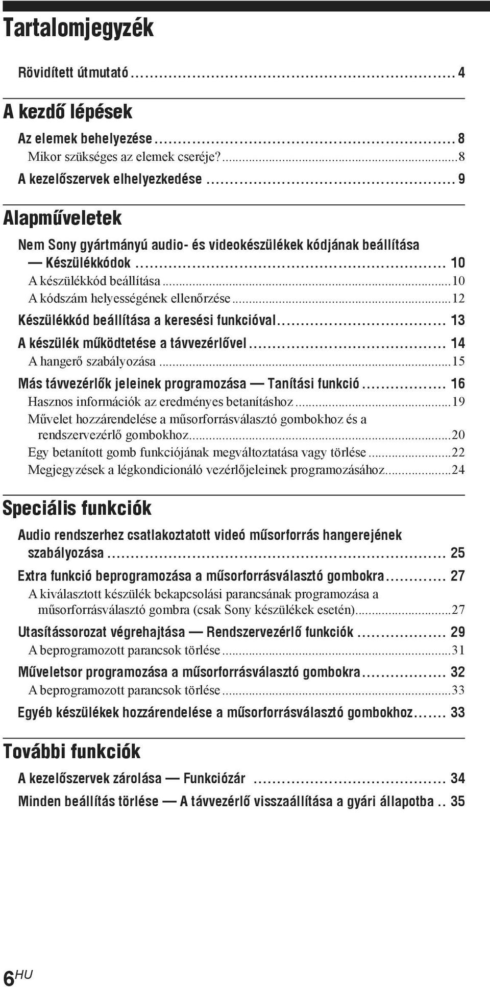 ..2 Készülékkód beállítása a keresési funkcióval... 3 A készülék működtetése a távvezérlővel... 4 A hangerő szabályozása...5 Más távvezérlõk jeleinek programozása Tanítási funkció.