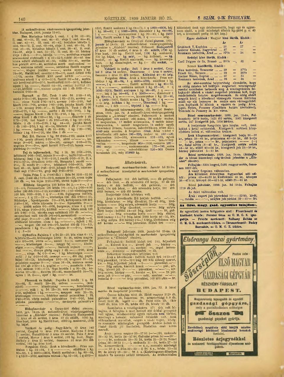 oezt. 34 38,. eleje I. oszt. 32 34, Ili oszt. 30 32, bárány eleje 1 db 0. 0", hátulja, sertéshús magyar szalonnával elsőrendű 1 q 50 520, vidéki 36 46.