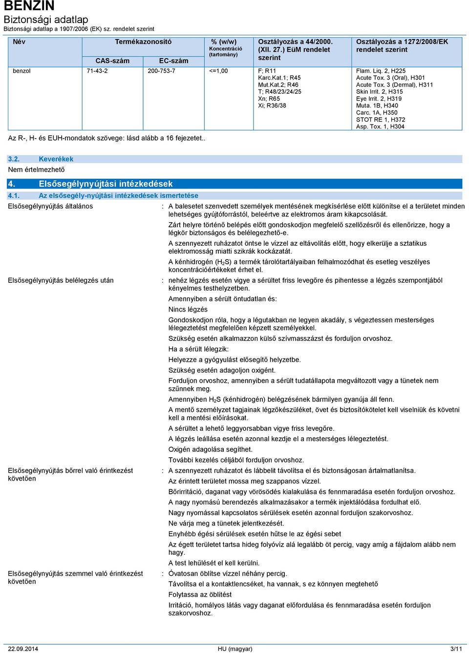 3 (Oral), H301 Acute Tox. 3 (Dermal), H311 Skin Irrit. 2, H315 Eye Irrit. 2, H319 Muta. 1B, H340 Carc. 1A, H350 STOT RE 1, H372 Asp. Tox. 1, H304 3.2. Keverékek Nem értelmezhető 4.