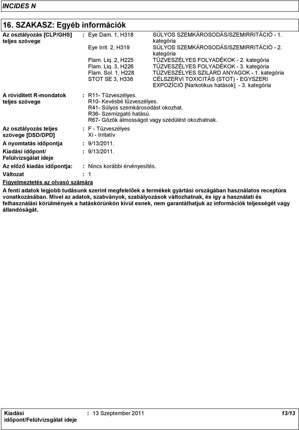 2, H319 SÚLYOS SZEMKÁROSODÁS/SZEMIRRITÁCIÓ - 2. kategória Flam. Liq. 2, H225 TŰZVESZÉLYES FOLYADÉKOK - 2. kategória Flam. Liq. 3, H226 TŰZVESZÉLYES FOLYADÉKOK - 3. kategória R11- Tűzveszélyes.