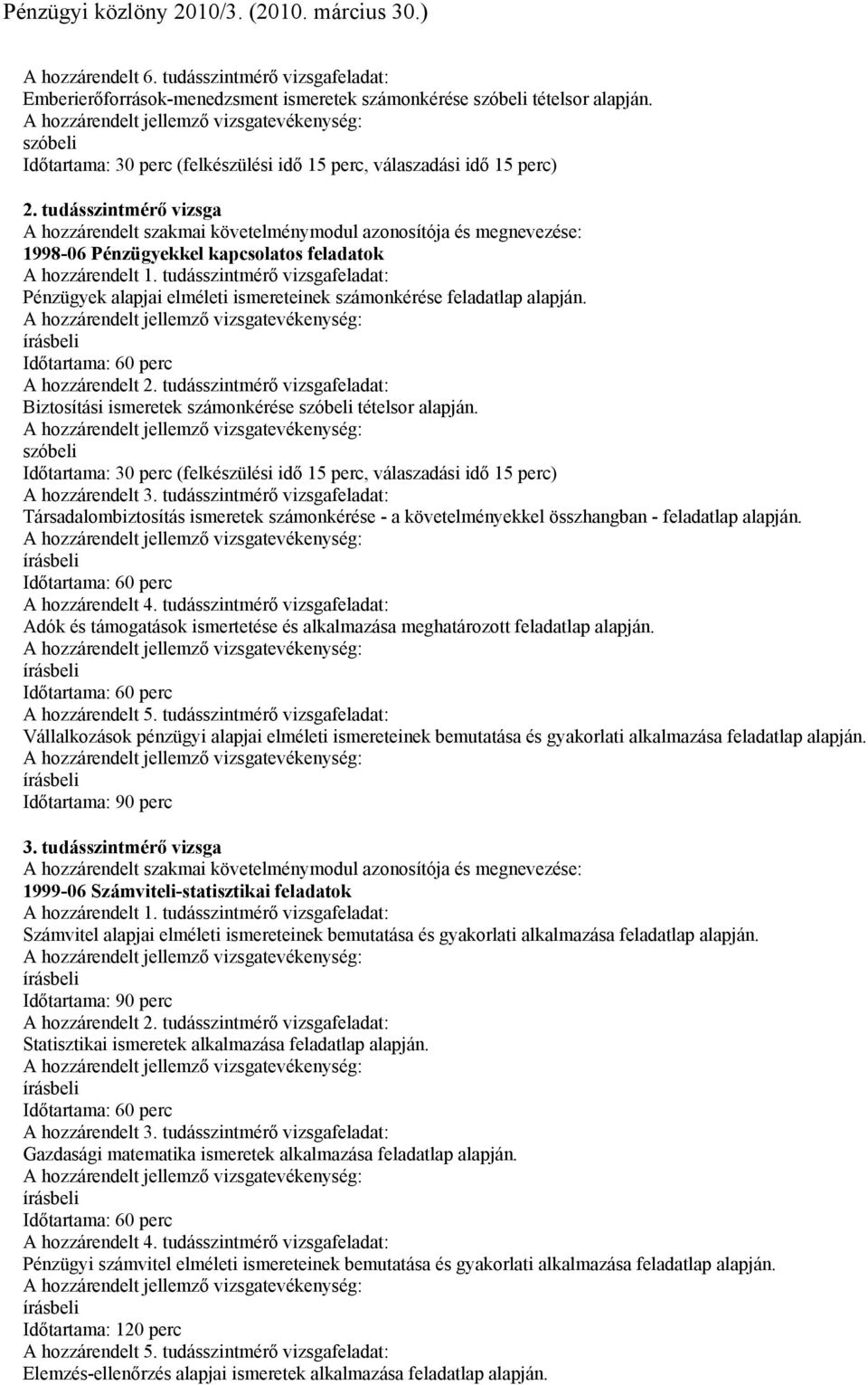 tudásszintmérő vizsga A hozzárendelt szakmai követelménymodul és : 1998-06 Pénzügyekkel kapcsolatos feladatok A hozzárendelt 1.