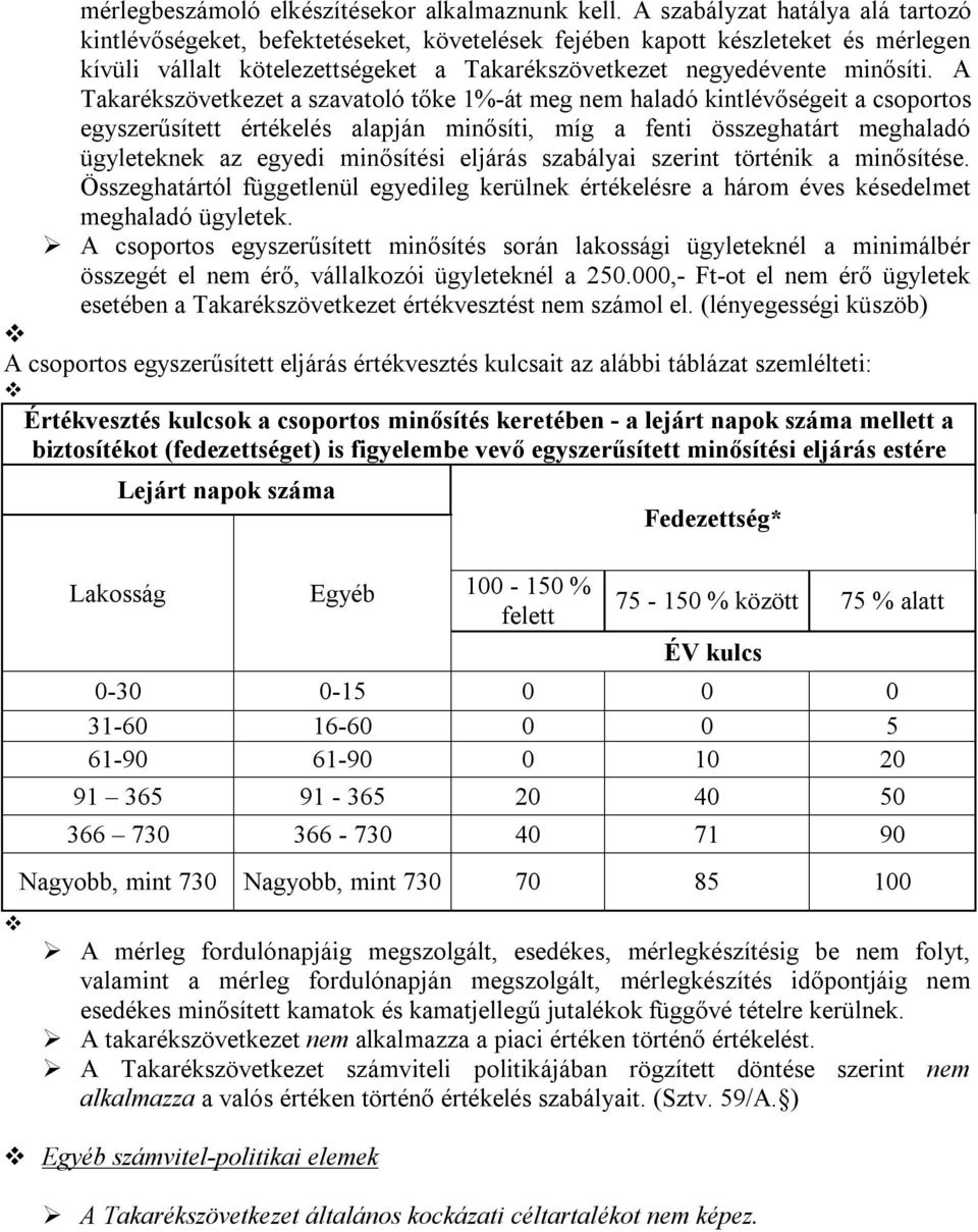 A Takarékszövetkezet a szavatoló tőke 1%-át meg nem haladó kintlévőségeit a csoportos egyszerűsített értékelés alapján minősíti, míg a fenti összeghatárt meghaladó ügyleteknek az egyedi minősítési