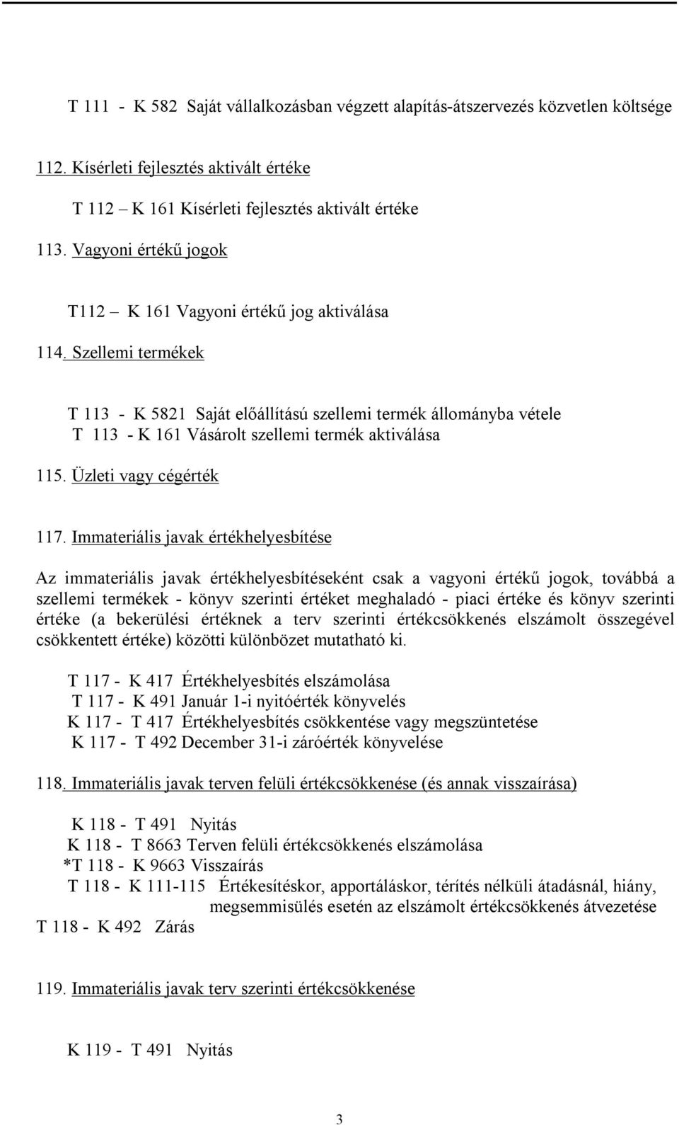 Szellemi termékek T 113 - K 5821 Saját előállítású szellemi termék állományba vétele T 113 - K 161 Vásárolt szellemi termék aktiválása 115. Üzleti vagy cégérték 117.