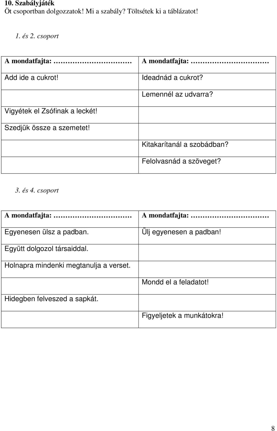 Kitakarítanál a szobádban? Felolvasnád a szöveget? 3. és 4. csoport Egyenesen ülsz a padban. Ülj egyenesen a padban!