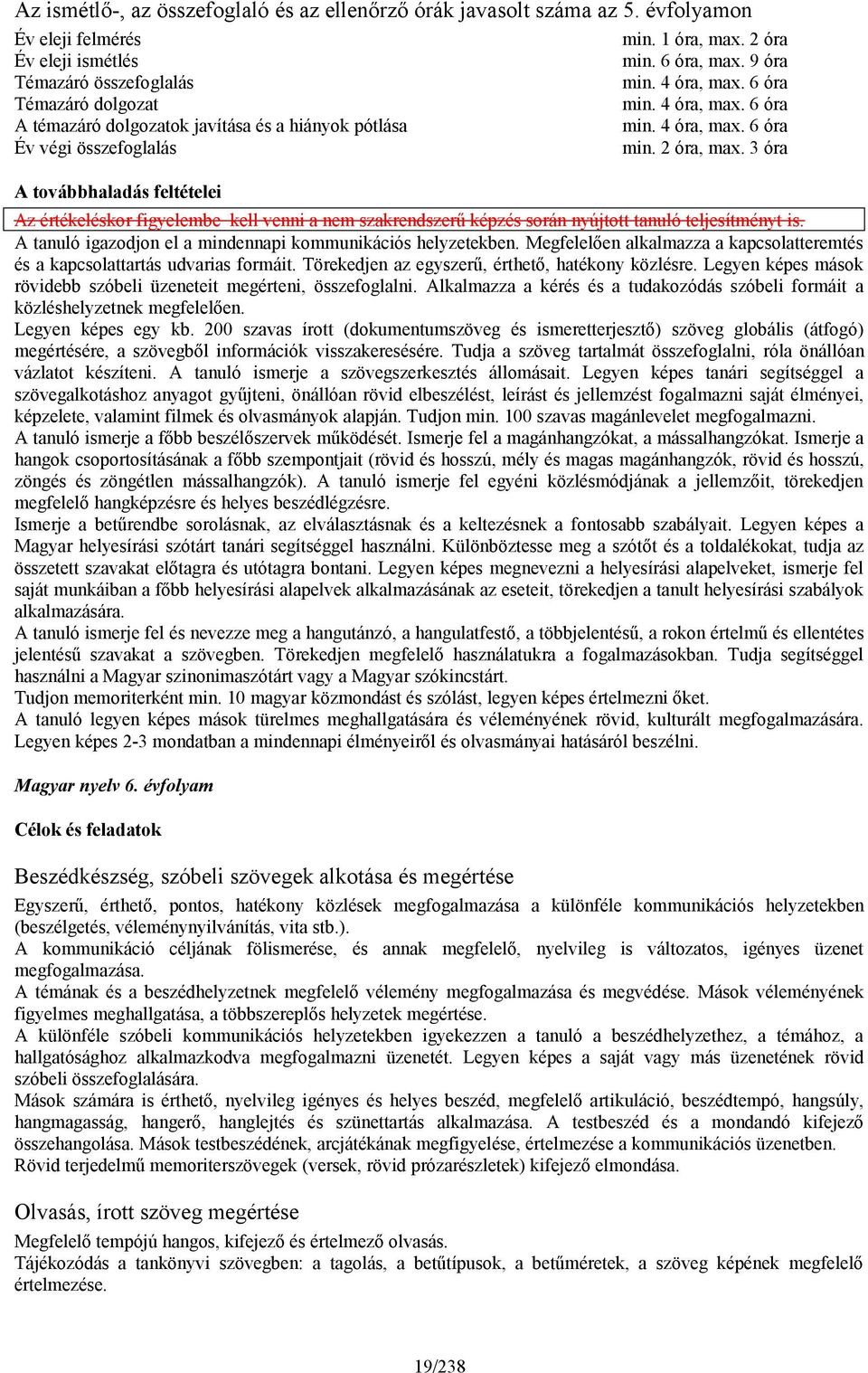 3 óra A továbbhaladás feltételei Az értékeléskor figyelembe kell venni a nem szakrendszerű képzés során nyújtott tanuló teljesítményt is. A tanuló igazodjon el a mindennapi kommunikációs helyzetekben.