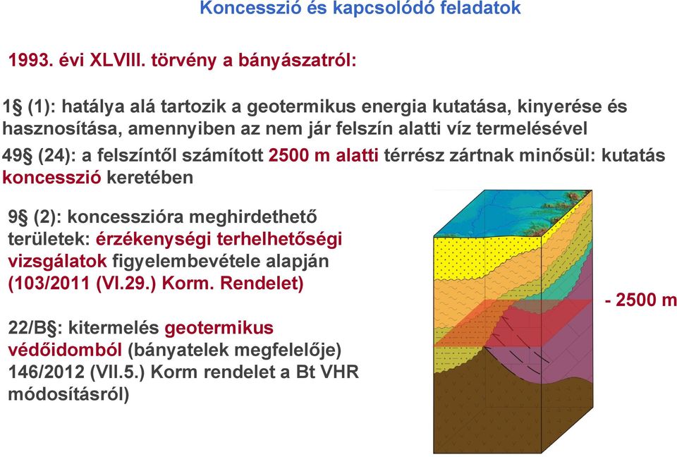 víz termelésével 49 (24): a felszíntől számított 2500 m alatti térrész zártnak minősül: kutatás koncesszió keretében 9 (2): koncesszióra