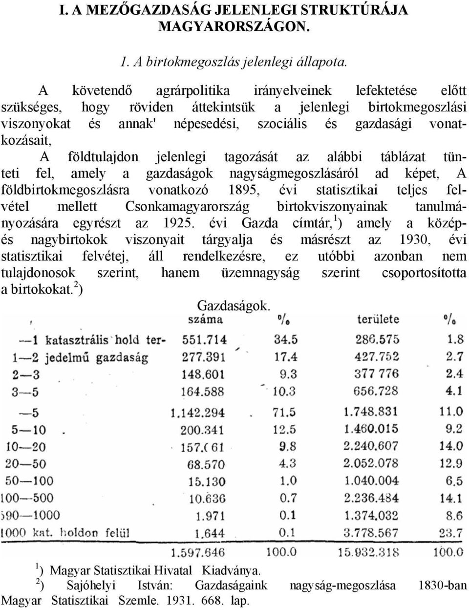 földtulajdon jelenlegi tagozását az alábbi táblázat tünteti fel, amely a gazdaságok nagyságmegoszlásáról ad képet, A földbirtokmegoszlásra vonatkozó 1895, évi statisztikai teljes felvétel mellett