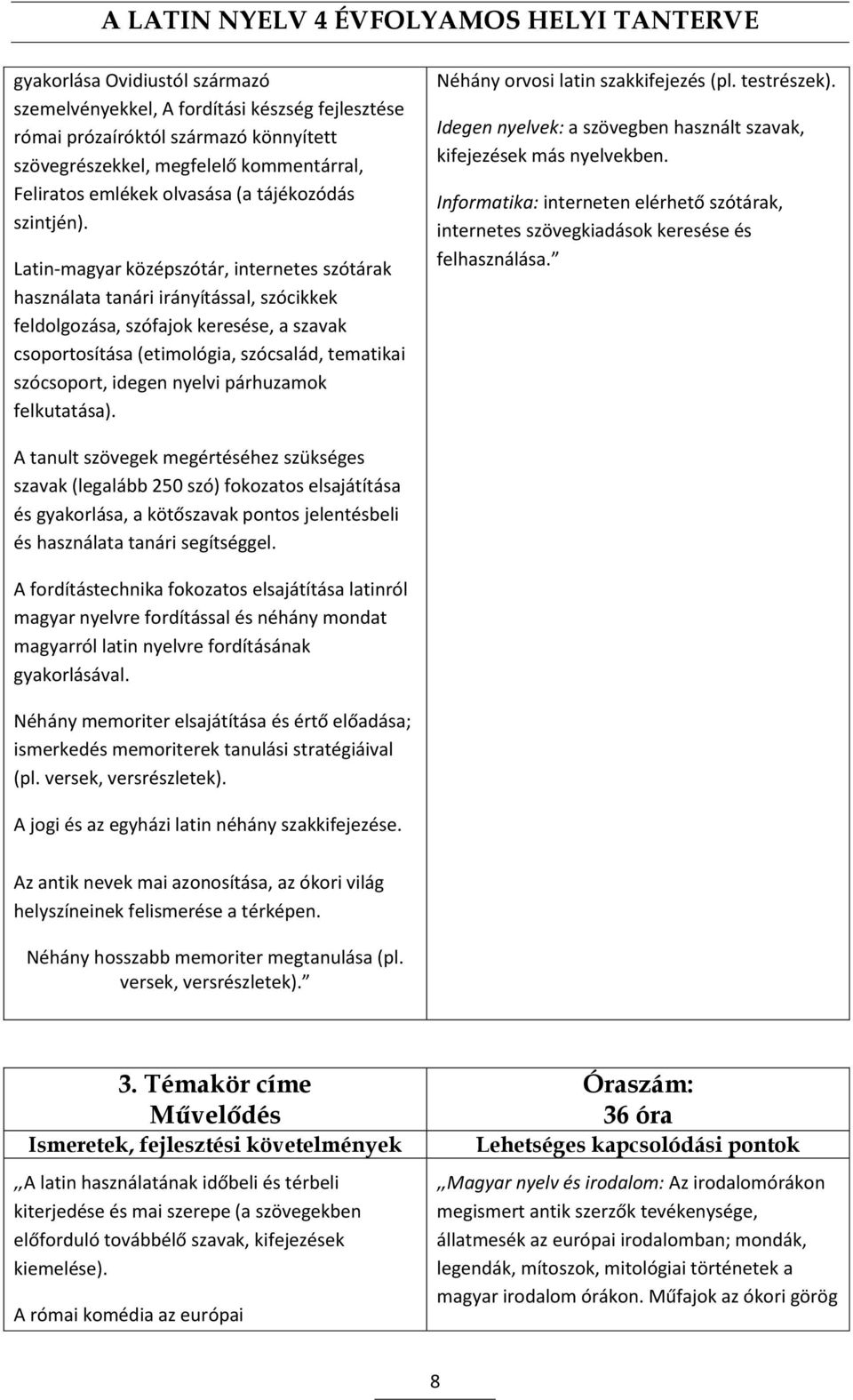 Latin-magyar középszótár, internetes szótárak használata tanári irányítással, szócikkek feldolgozása, szófajok keresése, a szavak csoportosítása (etimológia, szócsalád, tematikai szócsoport, idegen