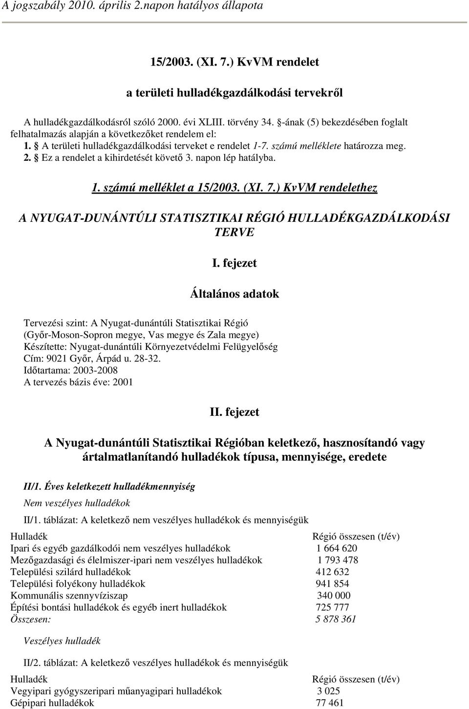 Ez a rendelet a kihirdetését követı 3. napon lép hatályba. 1. számú melléklet a 15/2003. (XI. 7.) KvVM rendelethez A NYUGAT-DUNÁNTÚLI STATISZTIKAI RÉGIÓ HULLADÉKGAZDÁLKODÁSI TERVE I.