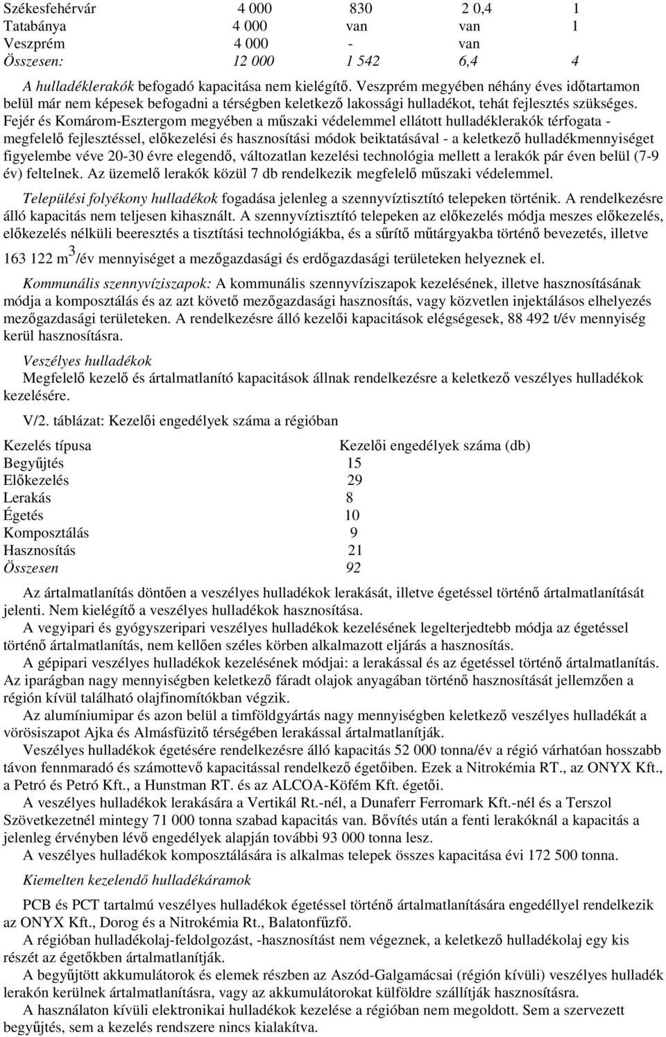 Fejér és Komárom-Esztergom megyében a mőszaki védelemmel ellátott hulladéklerakók térfogata - megfelelı fejlesztéssel, elıkezelési és hasznosítási módok beiktatásával - a keletkezı