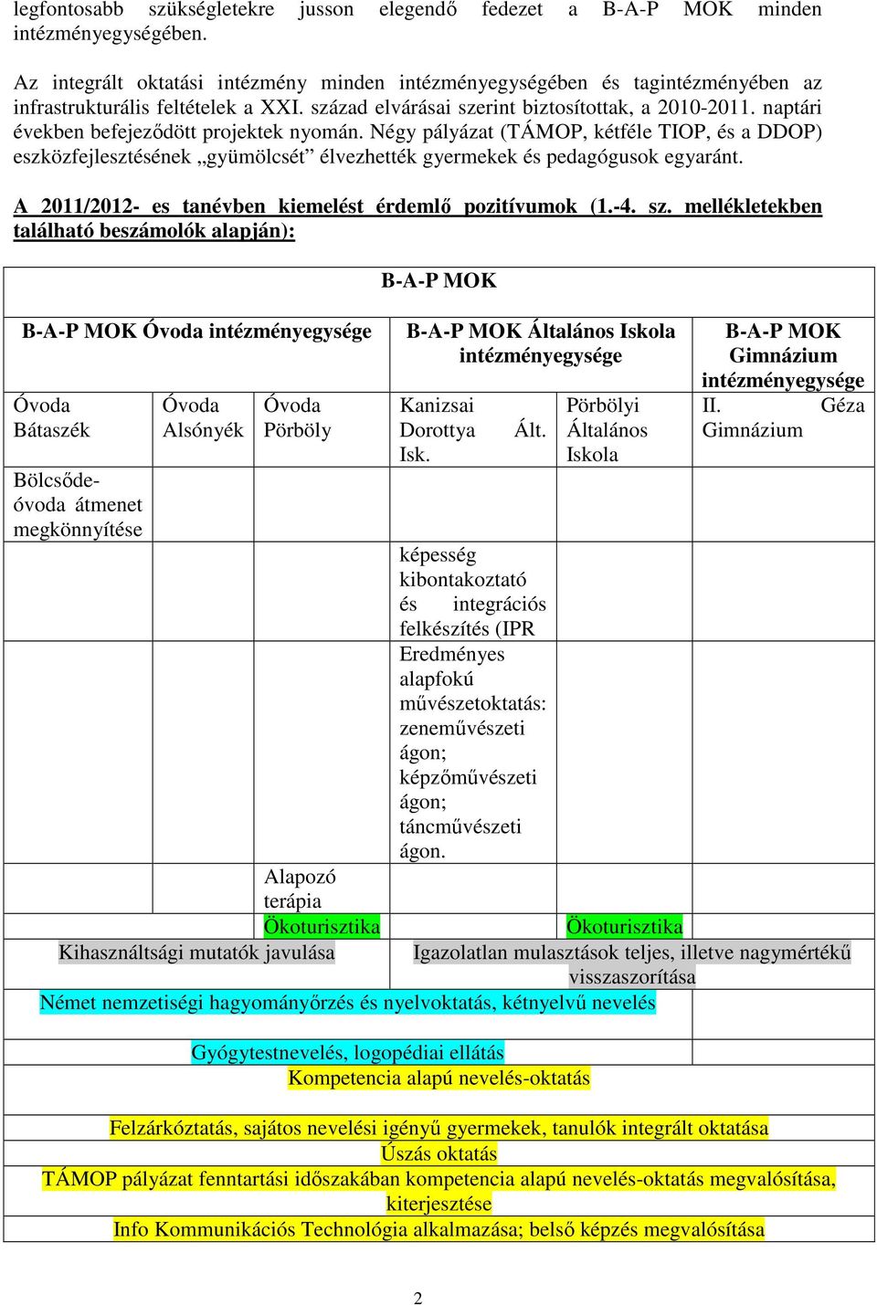 naptári években befejezıdött projektek nyomán. Négy pályázat (TÁMOP, kétféle TIOP, és a DDOP) eszközfejlesztésének gyümölcsét élvezhették gyermekek és pedagógusok egyaránt.