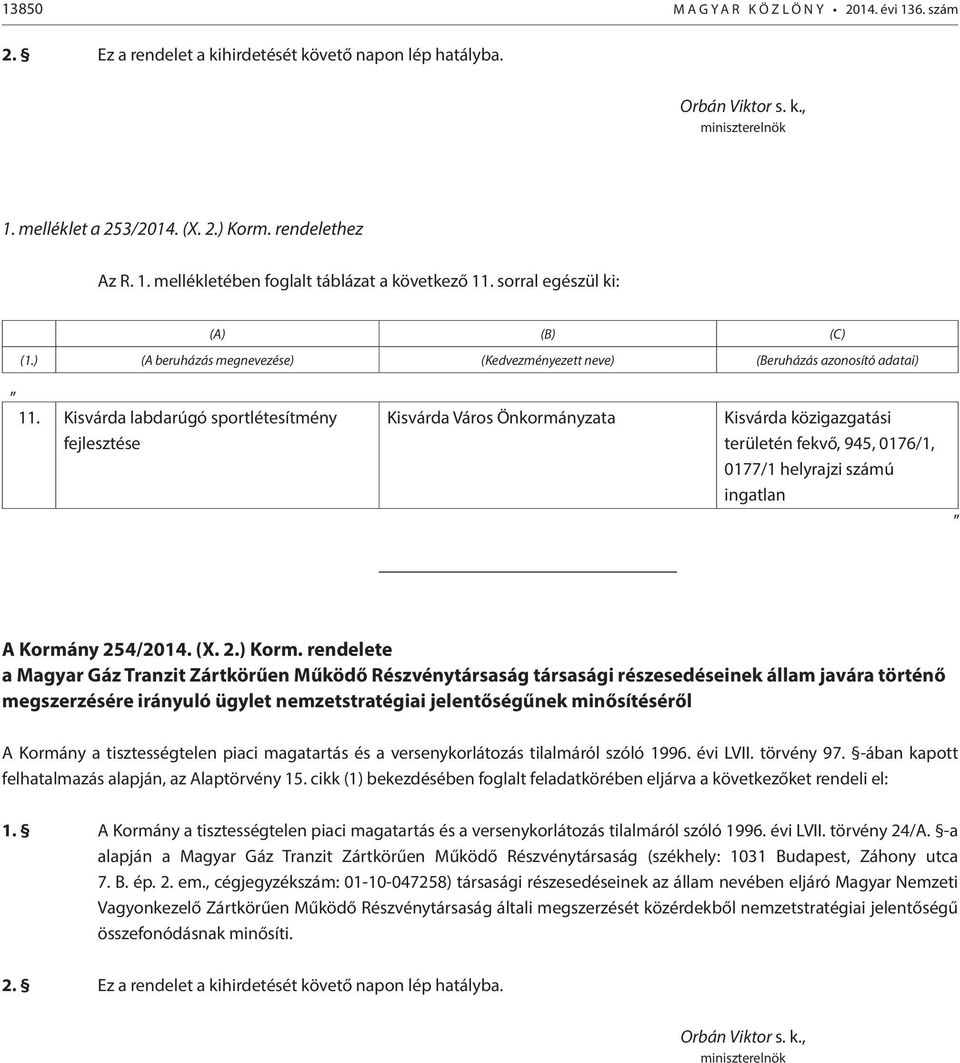 Kisvárda labdarúgó sportlétesítmény fejlesztése Kisvárda Város Önkormányzata Kisvárda közigazgatási területén fekvő, 945, 0176/1, 0177/1 helyrajzi számú ingatlan A Kormány 254/2014. (X. 2.) Korm.