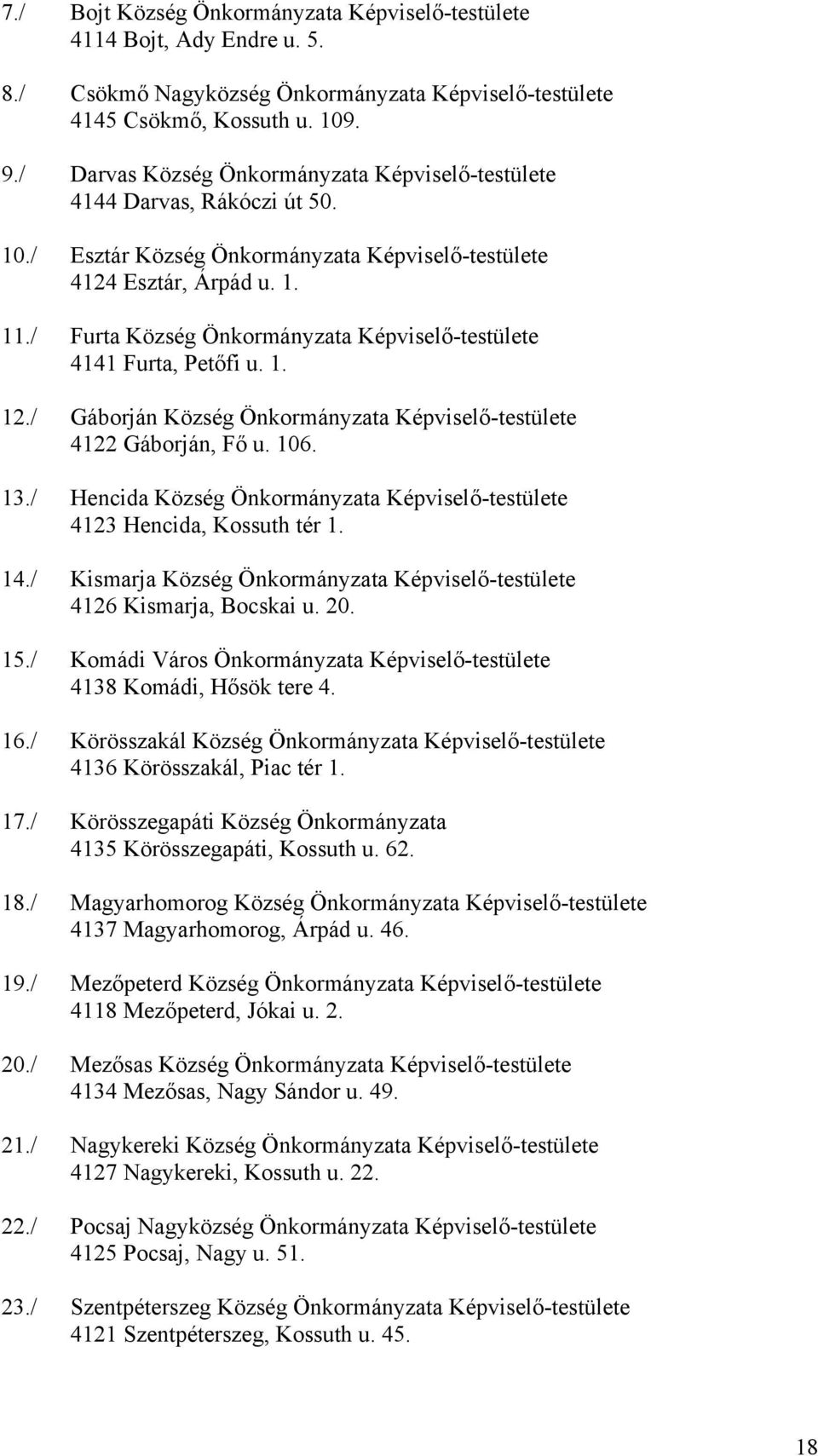 / Furta Község Önkormányzata Képviselő-testülete 4141 Furta, Petőfi u. 1. 12./ Gáborján Község Önkormányzata Képviselő-testülete 4122 Gáborján, Fő u. 106. 13.