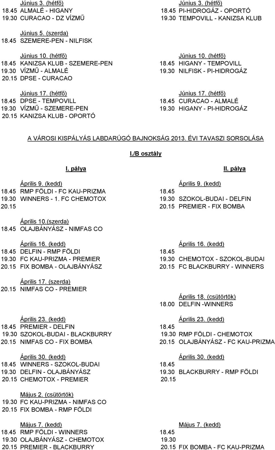 45 CURACAO - ALMALÉ 19.30 VÍZMŰ - SZEMERE-PEN 19.30 HIGANY - PI-HIDROGÁZ 20.15 KANIZSA KLUB - OPORTÓ A VÁROSI KISPÁLYÁS LABDARÚGÓ BAJNOKSÁG 2013. ÉVI TAVASZI SORSOLÁSA I. pálya II. pálya Április 9.