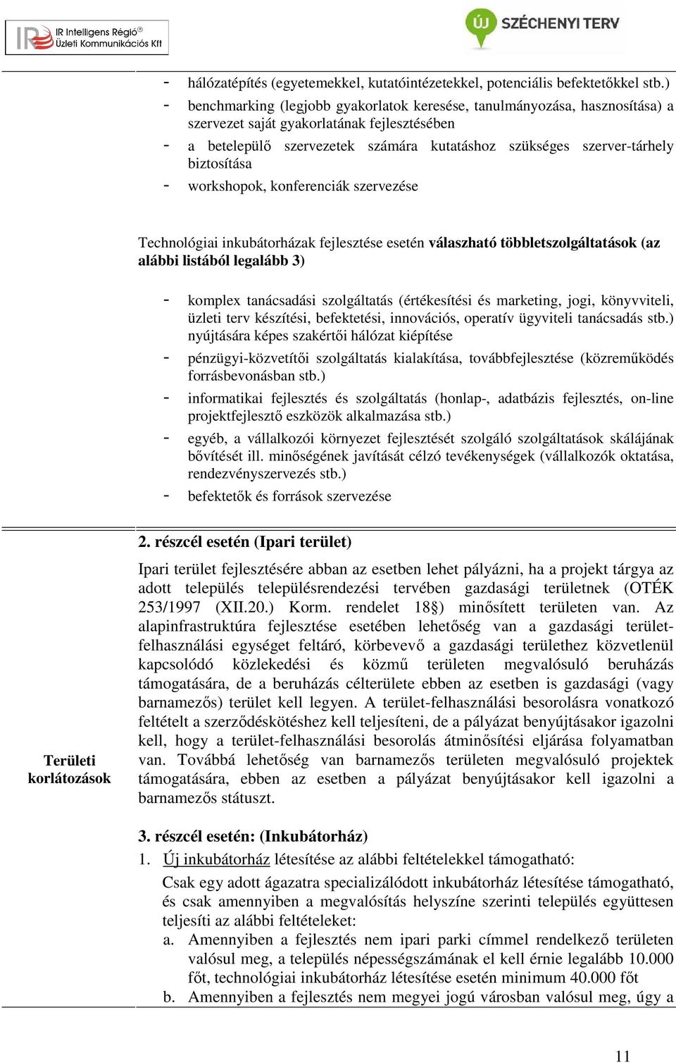 biztosítása - workshopok, konferenciák szervezése Technológiai inkubátorházak fejlesztése esetén válaszható többletszolgáltatások (az alábbi listából legalább 3) - komplex tanácsadási szolgáltatás