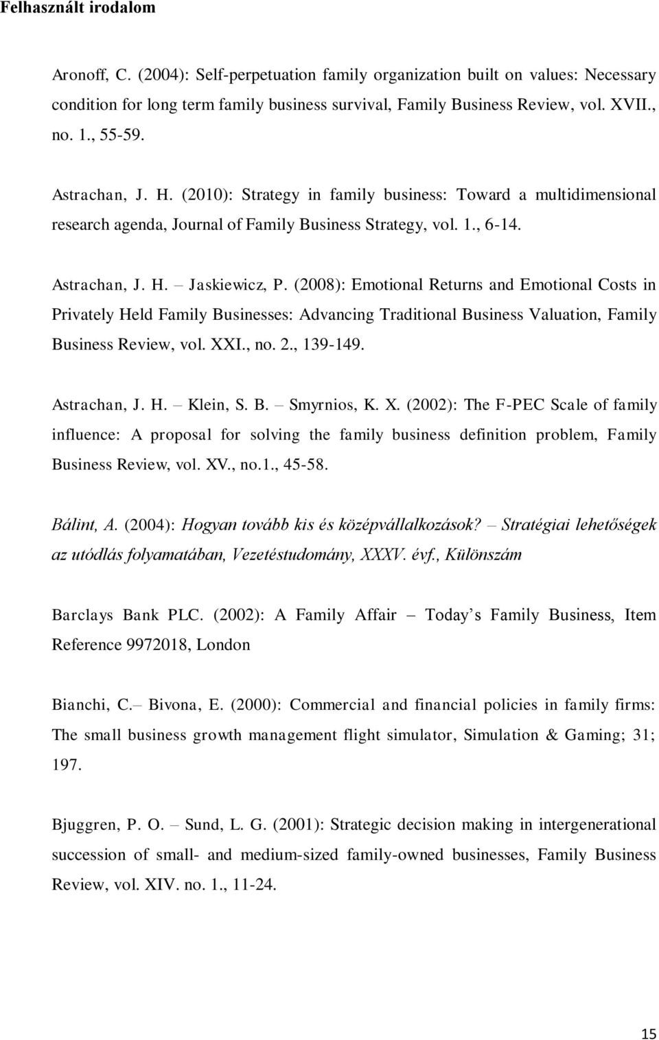 (2008): Emotional Returns and Emotional Costs in Privately Held Family Businesses: Advancing Traditional Business Valuation, Family Business Review, vol. XXI., no. 2., 139-149. Astrachan, J. H. Klein, S.