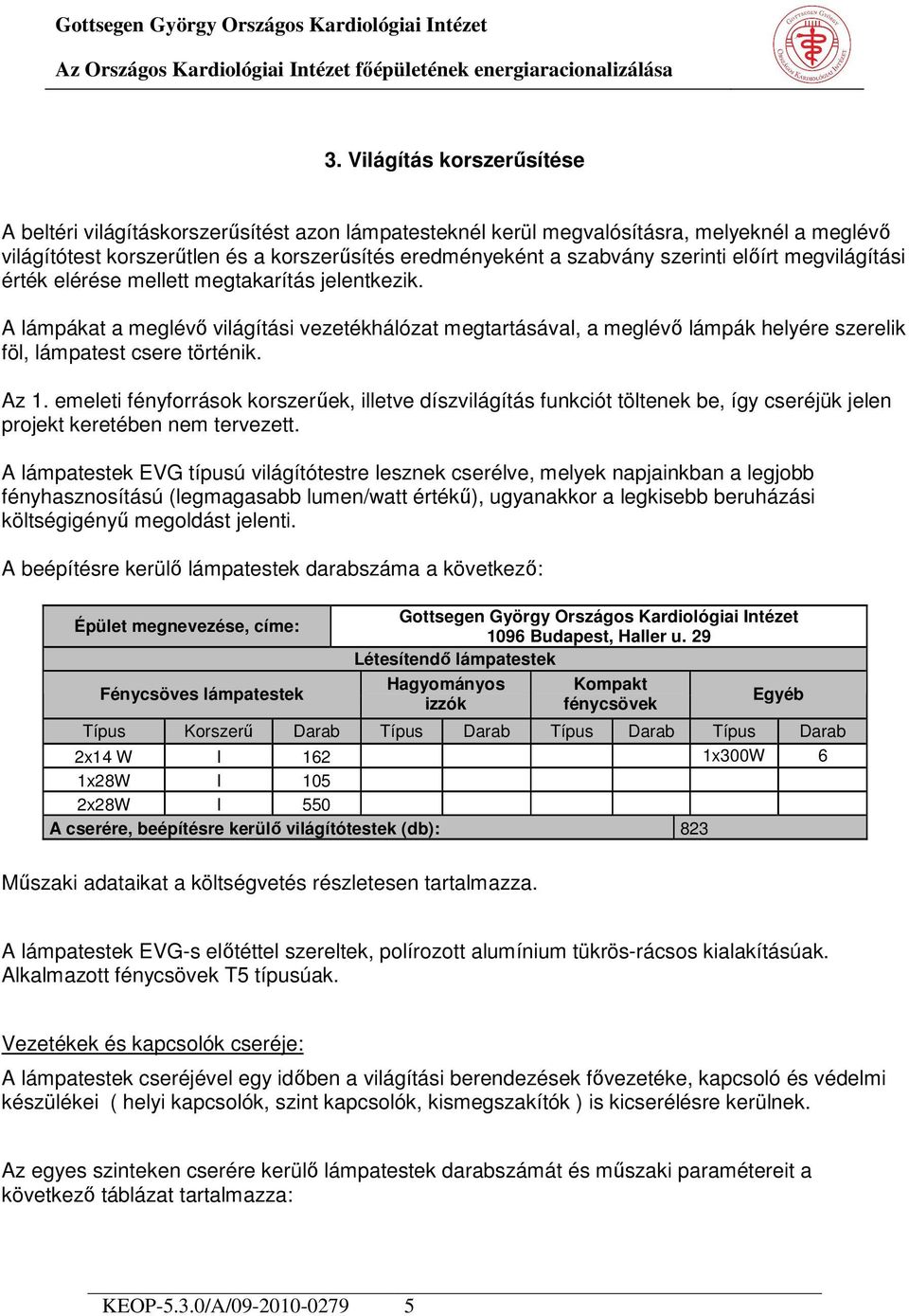 A lámpákat a meglévő világítási vezetékhálózat megtartásával, a meglévő lámpák helyére szerelik föl, lámpatest csere történik. Az 1.