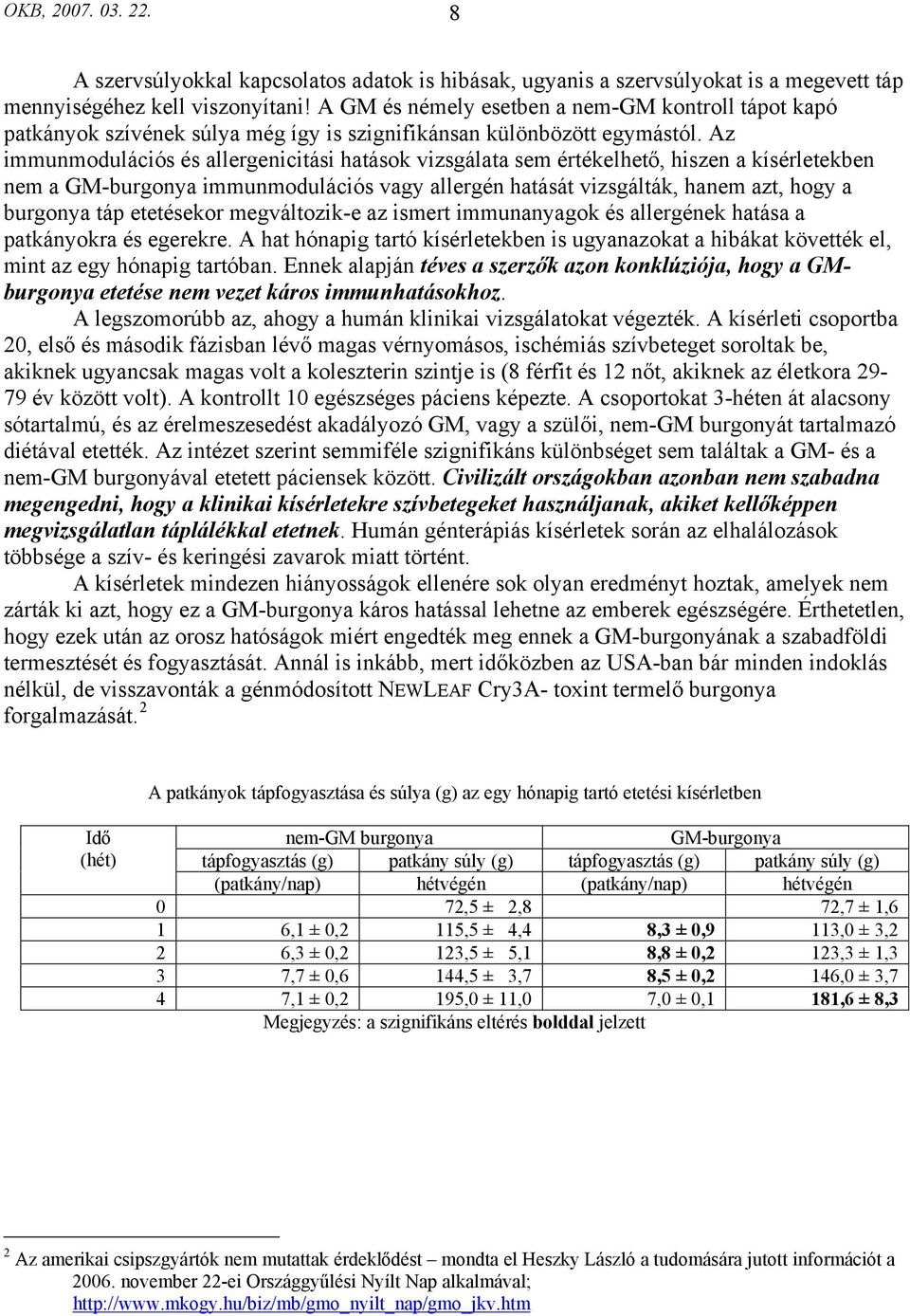 Az immunmodulációs és allergenicitási hatások vizsgálata sem értékelhető, hiszen a kísérletekben nem a GM-burgonya immunmodulációs vagy allergén hatását vizsgálták, hanem azt, hogy a burgonya táp