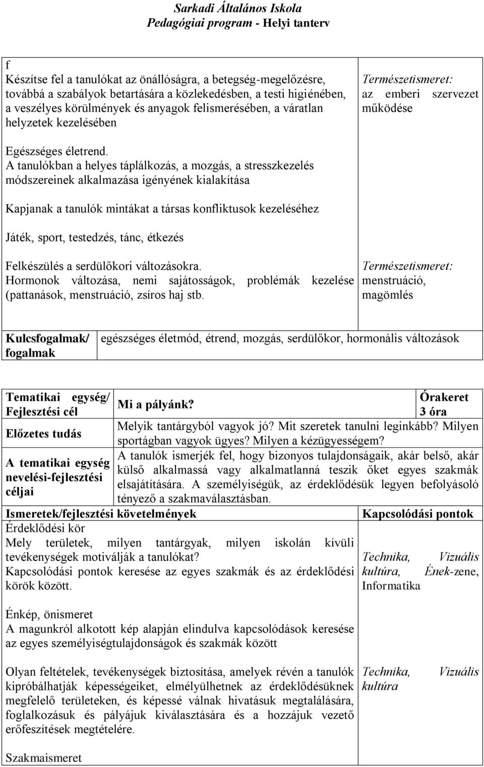 A tanulókban a helyes táplálkozás, a mozgás, a stresszkezelés módszereinek alkalmazása igényének kialakítása Kapjanak a tanulók mintákat a társas konfliktusok kezeléséhez Játék, sport, testedzés,