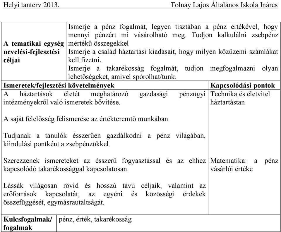 Ismerje a takarékosság fogalmát, tudjon megfogalmazni olyan lehetőségeket, amivel spórolhat/tunk. A háztartások életét meghatározó gazdasági pénzügyi intézményekről való ismeretek bővítése.