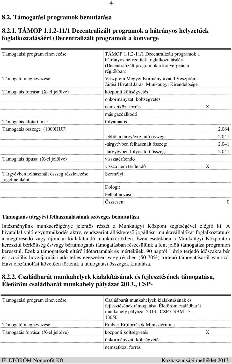 1.2-11/1 Decentralizált programok a hátrányos helyzetűek foglalkoztatásáért (Decentralizált programok a konverge -4- Támogatás forrása: (-el jelölve) Támogatás időtartama: 1.