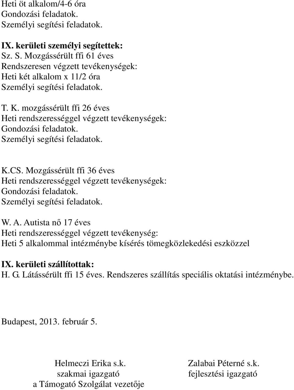 W. A. Autista nő 17 éves Heti rendszerességgel végzett tevékenység: Heti 5 alkalommal intézménybe kísérés tömegközlekedési eszközzel IX. kerületi szállítottak: H. G.