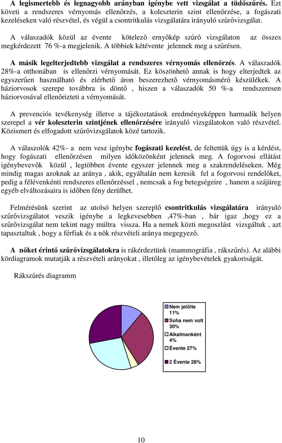 A válaszadók közül az évente kötelező ernyőkép szűrő vizsgálaton az összes megkérdezett 76 %-a megjelenik. A többiek kétévente jelennek meg a szűrésen.