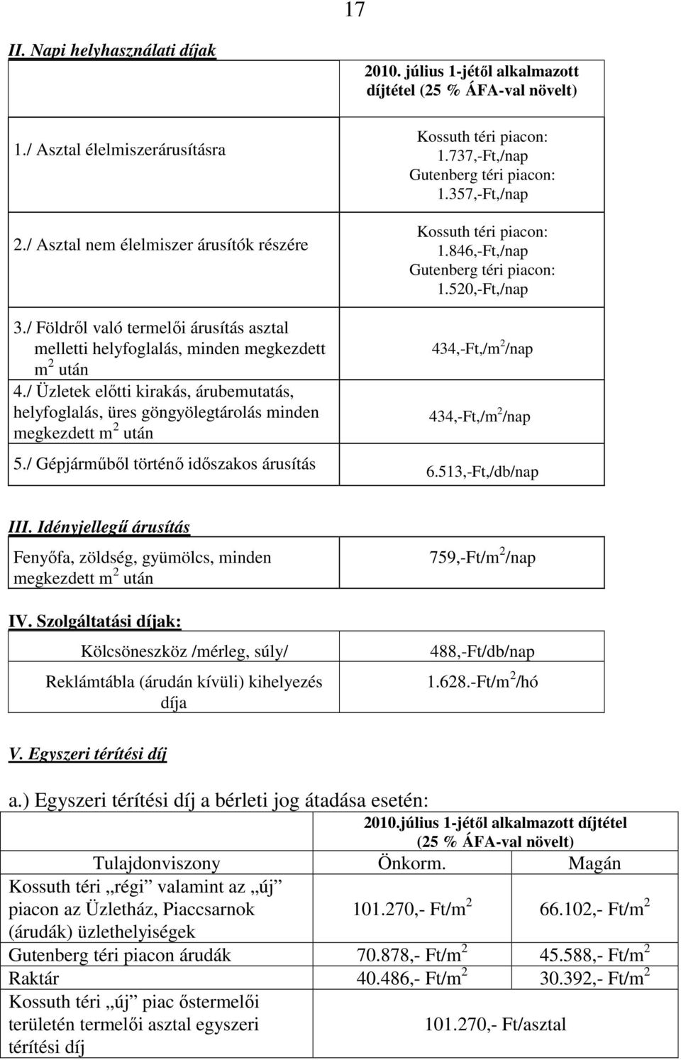 / Gépjármőbıl történı idıszakos árusítás 2010. július 1-jétıl alkalmazott díjtétel (25 % ÁFA-val növelt) Kossuth téri piacon: 1.737,-Ft,/nap Gutenberg téri piacon: 1.