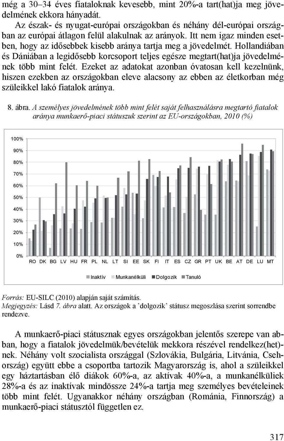 Itt nem igaz minden esetben, hogy az idősebbek kisebb aránya tartja meg a jövedelmét. Hollandiában és Dániában a legidősebb korcsoport teljes egésze megtart(hat)ja jövedelmének több mint felét.