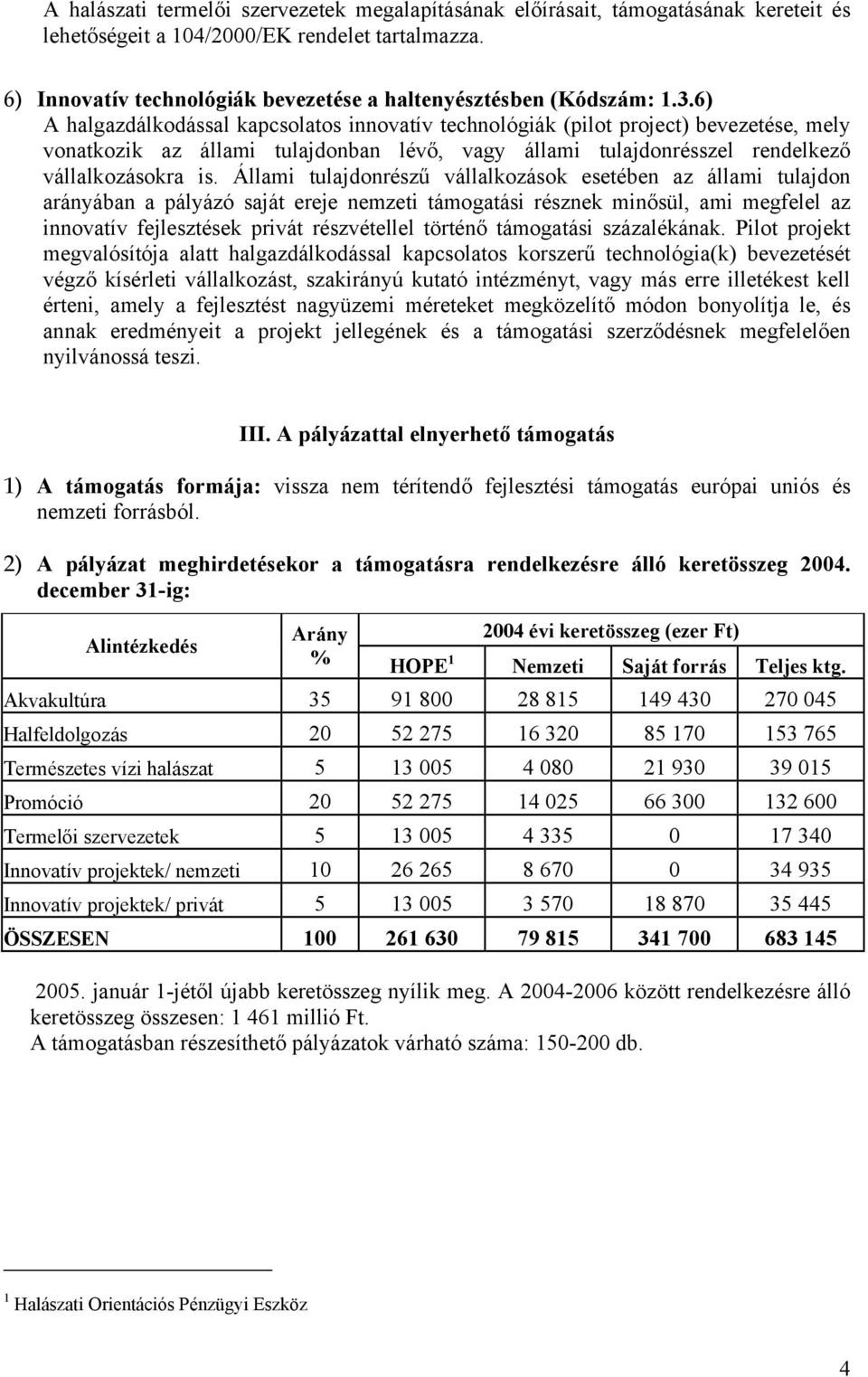 6) A halgazdálkodással kapcsolatos innovatív technológiák (pilot project) bevezetése, mely vonatkozik az állami tulajdonban lévő, vagy állami tulajdonrésszel rendelkező vállalkozásokra is.