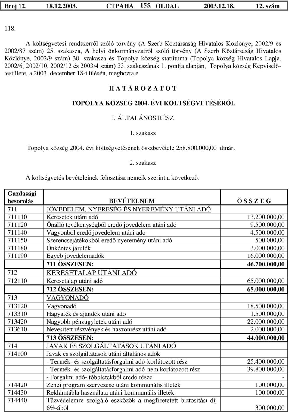 szakasza és Topolya község statútuma (Topolya község Hivatalos Lapja, 2002/6, 2002/10, 2002/12 és 2003/4 szám) 33. szakaszának 1. pontja alapján, Topolya község Képviselőtestülete, a 2003.