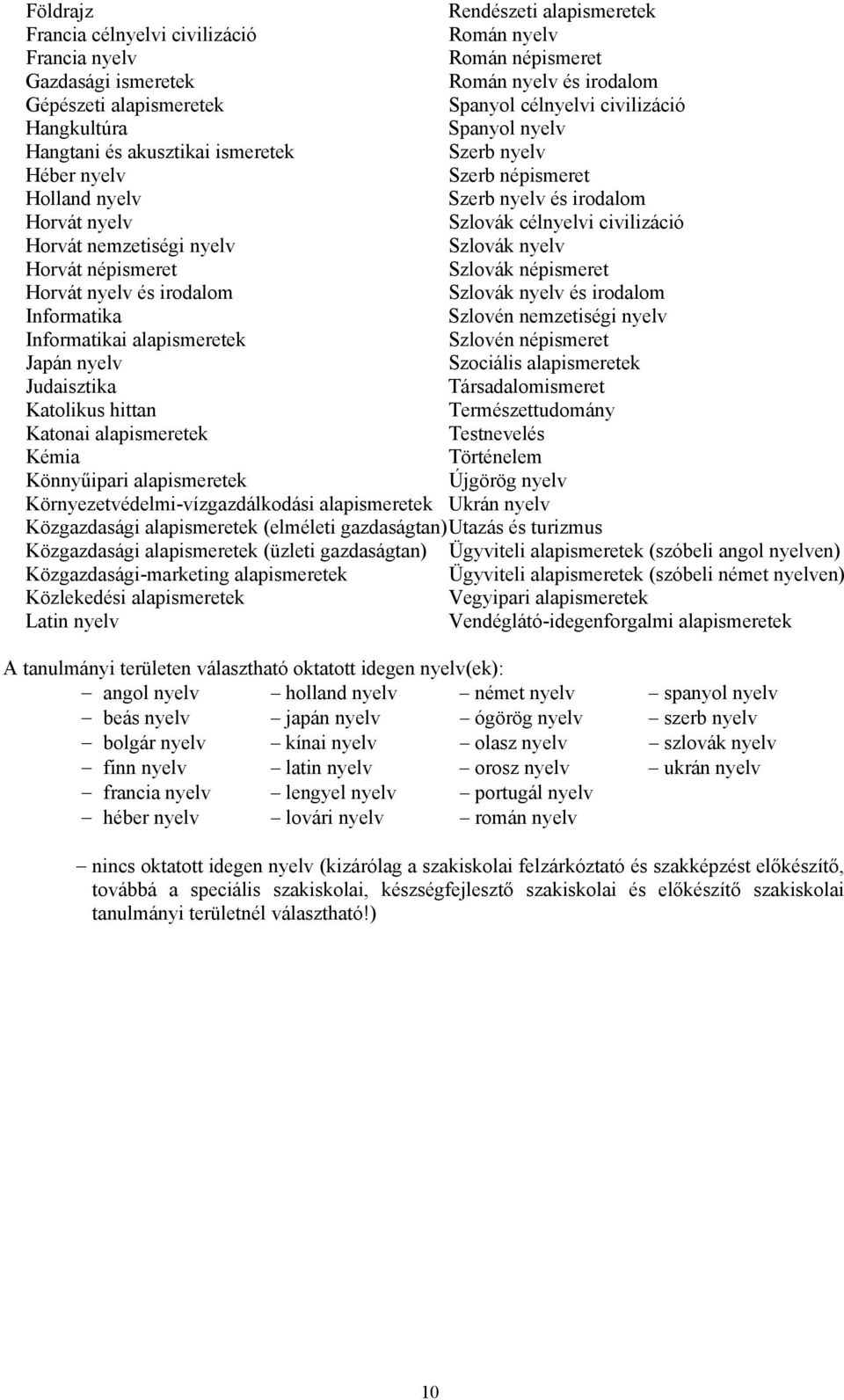 nemzetiségi nyelv Szlovák nyelv Horvát népismeret Szlovák népismeret Horvát nyelv és irodalom Szlovák nyelv és irodalom Informatika Szlovén nemzetiségi nyelv Informatikai alapismeretek Szlovén