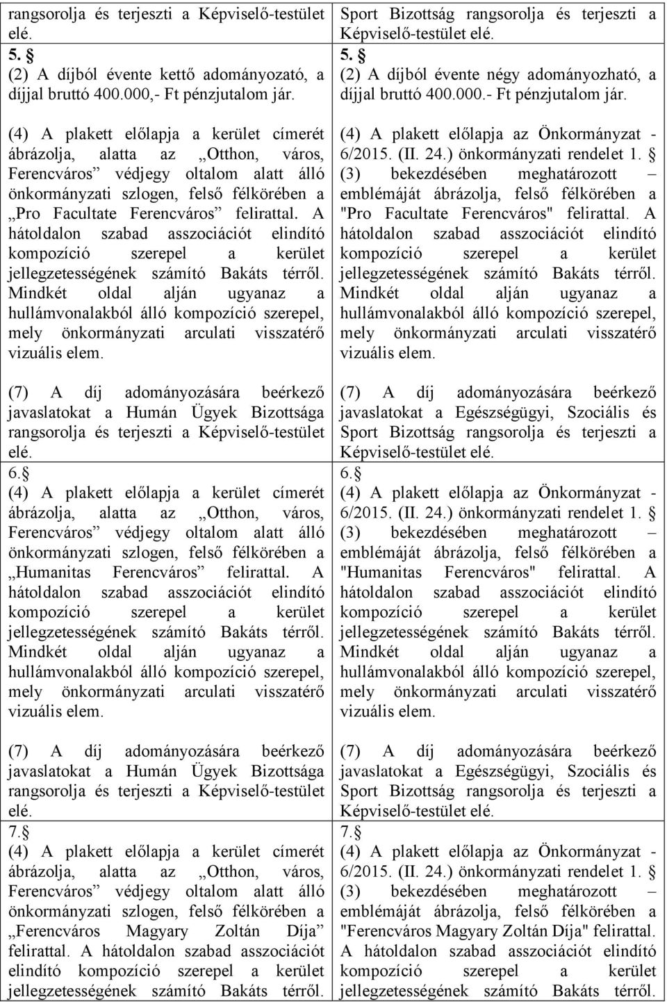 A javaslatokat a Humán Ügyek Bizottsága rangsorolja és terjeszti a Képviselő-testület elé. 7. Ferencváros Magyary Zoltán Díja felirattal.