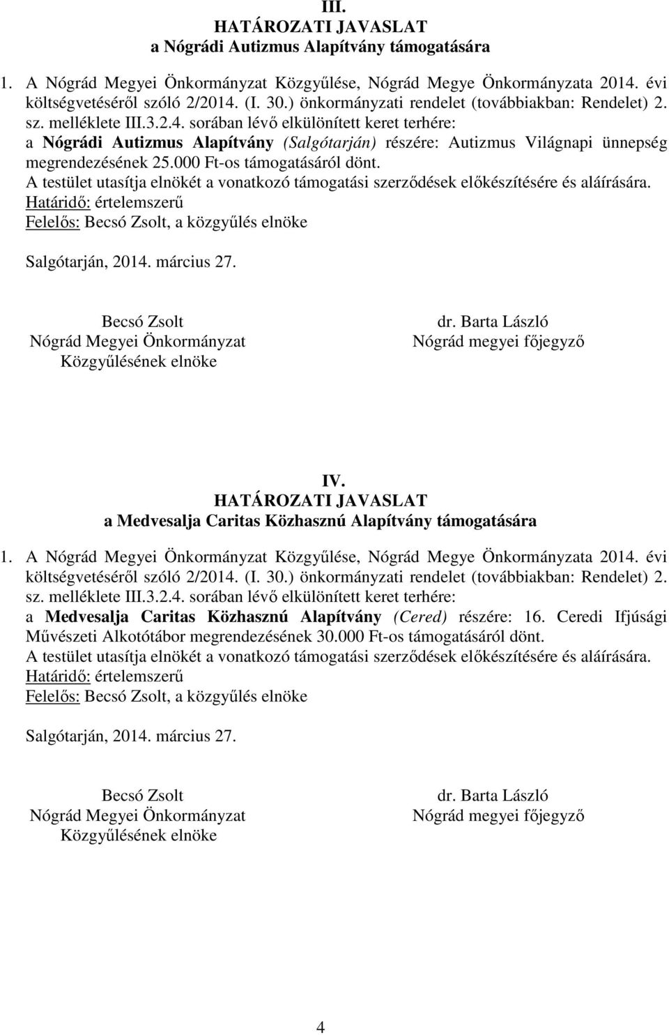 Felelős:, a közgyűlés elnöke IV. a Medvesalja Caritas Közhasznú Alapítvány támogatására 1. A Közgyűlése, Nógrád Megye Önkormányzata 2014.