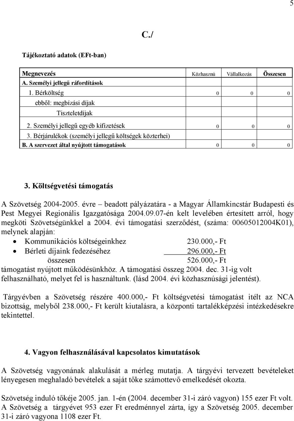 évre beadott pályázatára - a Magyar Államkincstár Budapesti és Pest Megyei Regionális Igazgatósága 2004.09.07-én kelt levelében értesített arról, hogy megköti Szövetségünkkel a 2004.