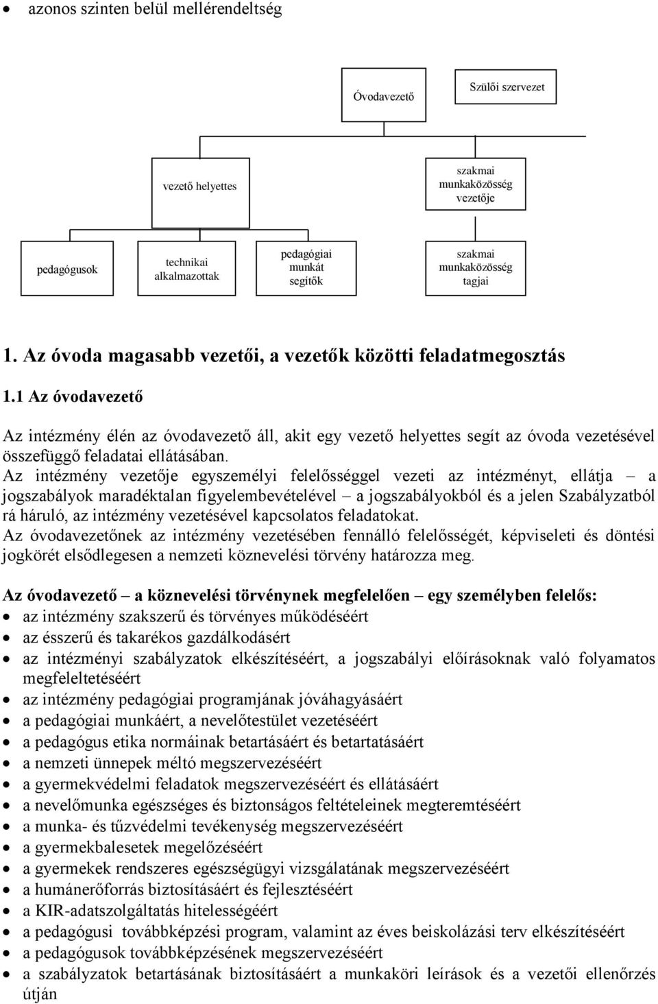 1 Az óvodavezető Az intézmény élén az óvodavezető áll, akit egy vezető helyettes segít az óvoda vezetésével összefüggő feladatai ellátásában.