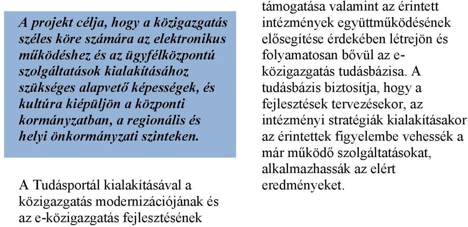 A Tudásportál kialakításával a közigazgatás modernizációjának és az e-közigazgatás fejlesztésének támogatása valamint az érintett intézmények együttműködésének elősegítése