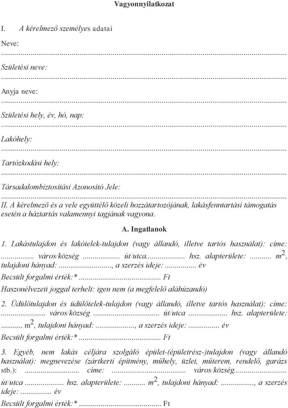 Lakástulajdon és lakótelek-tulajdon (vagy állandó, illetve tartós használat): címe:... város/község... út/utca... hsz. alapterülete:... m 2, tulajdoni hányad:..., a szerzés ideje:.