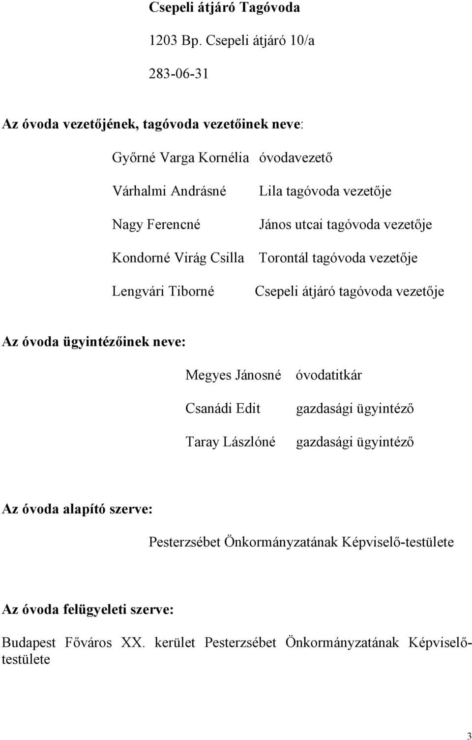 vezetője János utcai tagóvoda vezetője Kondorné Virág Csilla Torontál tagóvoda vezetője Lengvári Tiborné Csepeli átjáró tagóvoda vezetője Az óvoda