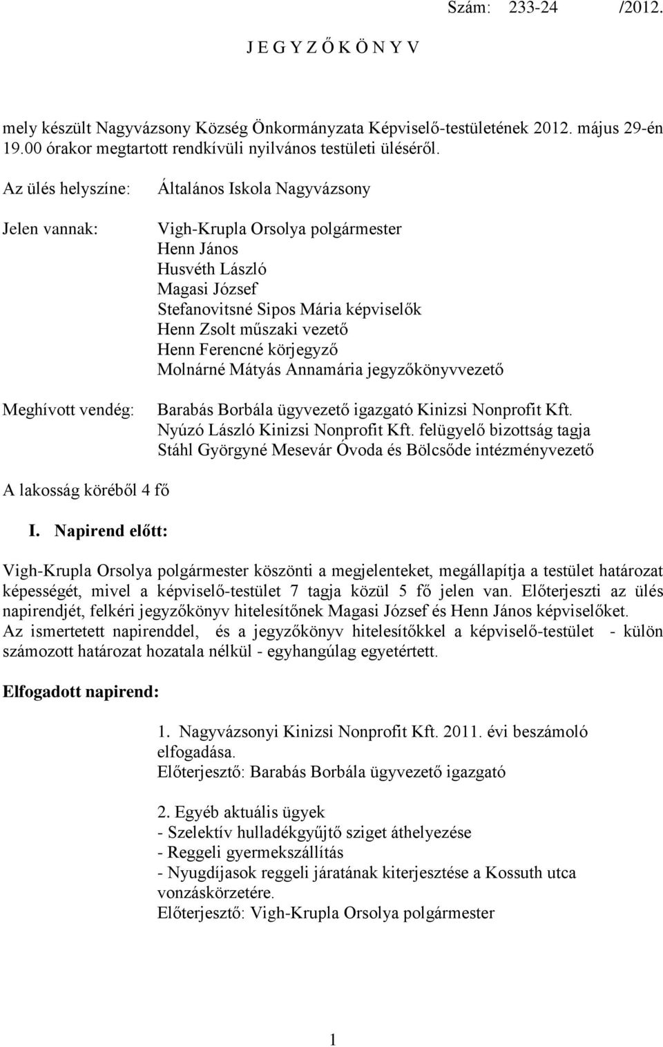 Zsolt műszaki vezető Henn Ferencné körjegyző Molnárné Mátyás Annamária jegyzőkönyvvezető Barabás Borbála ügyvezető igazgató Kinizsi Nonprofit Kft. Nyúzó László Kinizsi Nonprofit Kft.