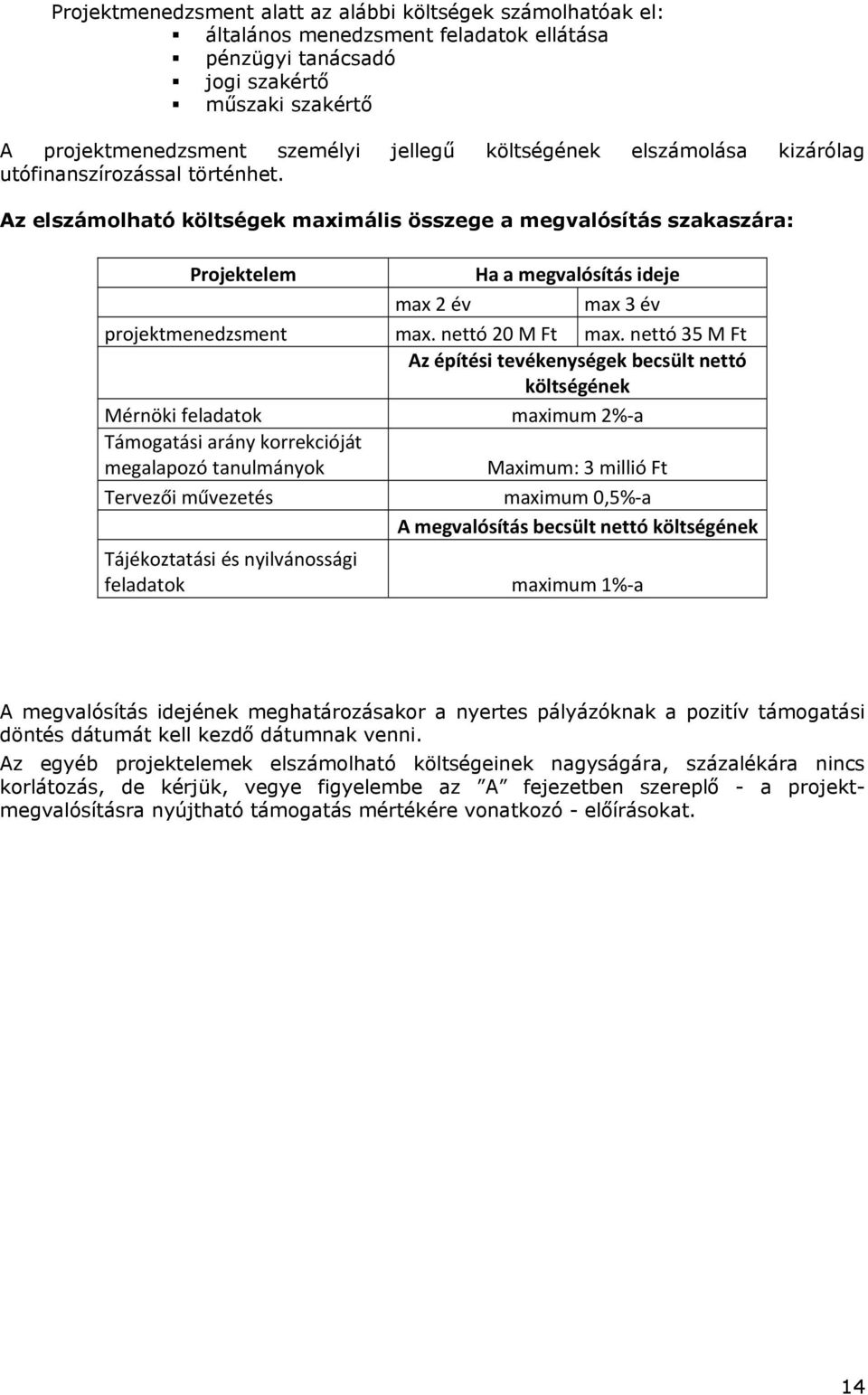 Az elszámolható költségek maximális összege a megvalósítás szakaszára: Projektelem Ha a megvalósítás ideje max 2 év max 3 év projektmenedzsment max. nettó 20 M Ft max.