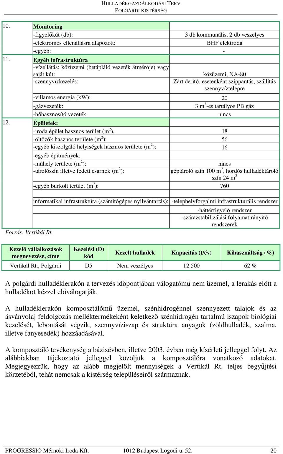 saját kút: -szennyvízkezelés: közüzemi, NA-80 Zárt derítı, esetenként szippantás, szállítás szennyvíztelepre -villamos energia (kw): 20 -gázvezeték: 3 m 3 -es tartályos PB gáz -hıhasznosító vezeték: