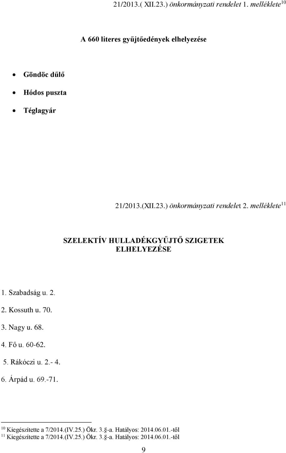 ) önkormányzati rendelet 2. melléklete 11 SZELEKTÍV HULLADÉKGYŰJTŐ SZIGETEK ELHELYEZÉSE 1. Szabadság u. 2. 2. Kossuth u. 70.