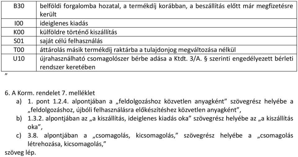 melléklet a) 1. pont 1.2.4. alpontjában a feldolgozáshoz közvetlen anyagként szövegrész helyébe a feldolgozáshoz, újbóli felhasználásra előkészítéshez közvetlen anyagként, b) 1.3.2. alpontjában az a kiszállítás, ideiglenes kiadás oka szövegrész helyébe az a kiszállítás oka, c) 3.