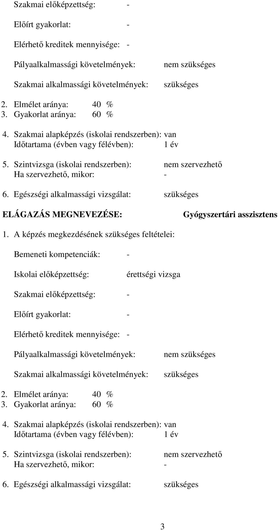 Egészségi alkalmassági vizsgálat: szükséges ELÁGAZÁS MEGNEVEZÉSE: Gyógyszertári asszisztens 1.