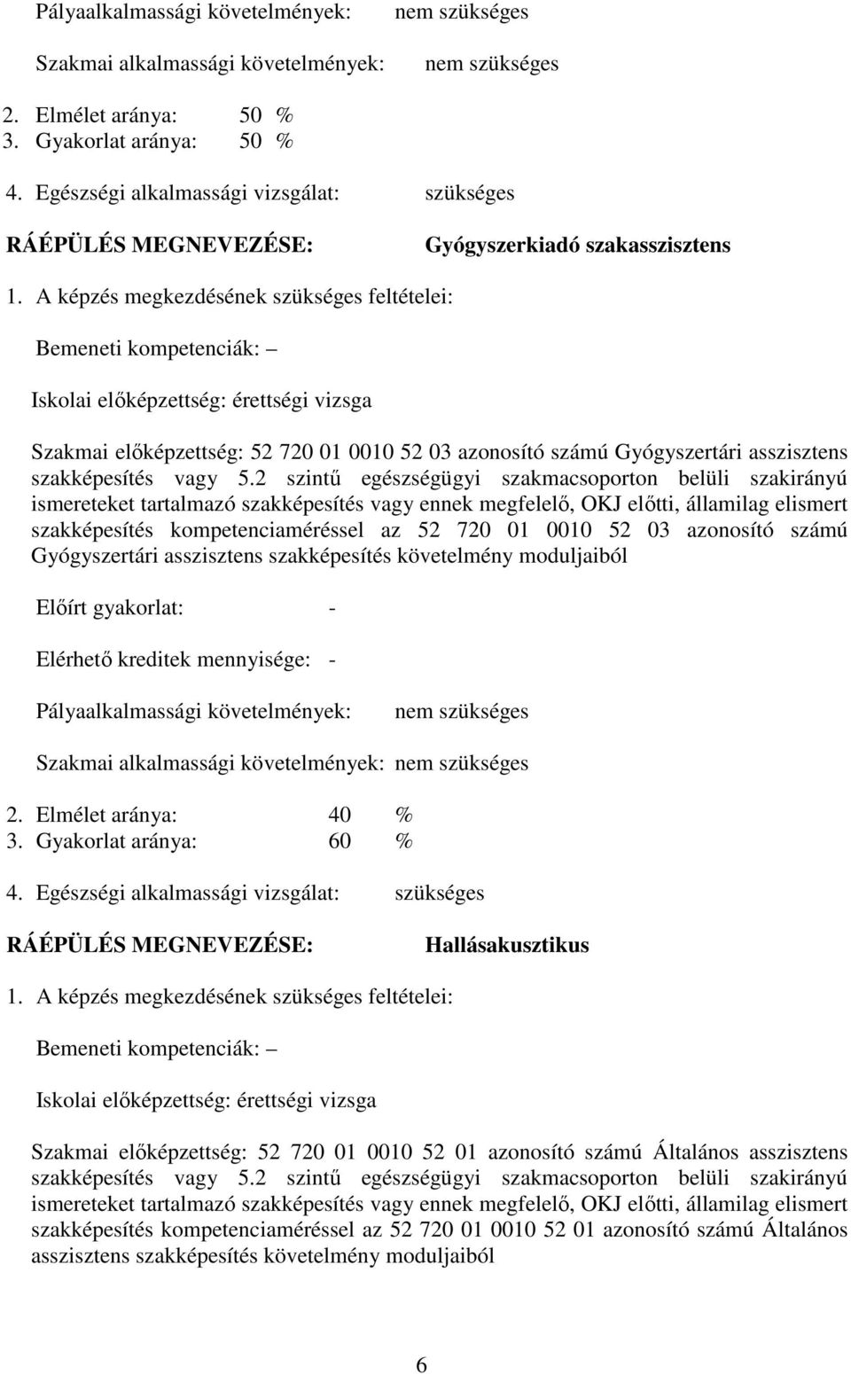 A képzés megkezdésének szükséges feltételei: emeneti kompetenciák: Iskolai előképzettség: érettségi vizsga Szakmai előképzettség: 52 720 01 0010 52 03 azonosító számú Gyógyszertári asszisztens