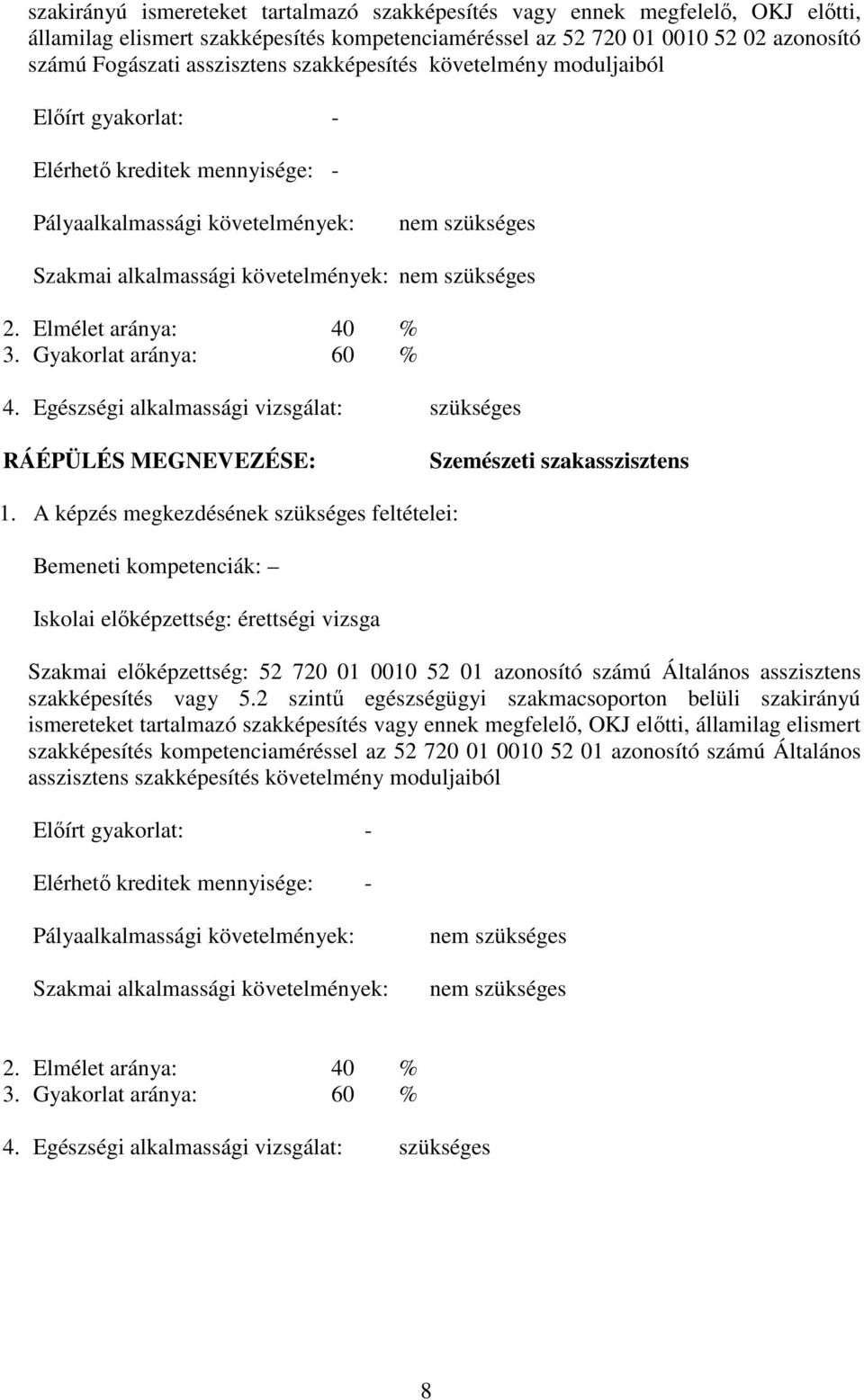 Elmélet aránya: 40 % 3. Gyakorlat aránya: 60 % 4. Egészségi alkalmassági vizsgálat: szükséges RÁÉPÜLÉS MEGNEVEZÉSE: Szemészeti szakasszisztens 1.