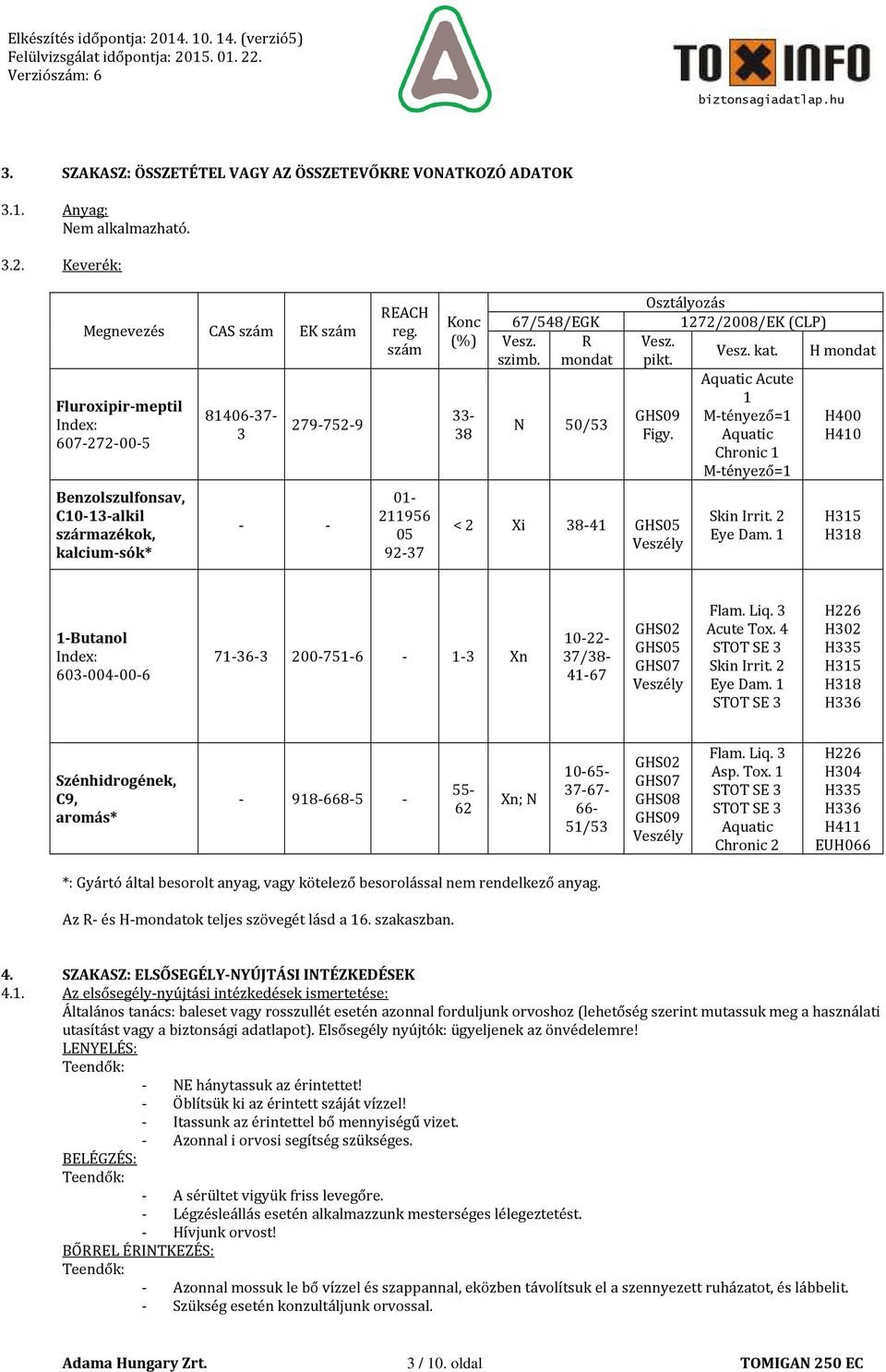 R mondat N 50/53 Osztályozás 1272/2008/EK (CLP) Vesz. Vesz. kat. pikt. GHS09 Figy.